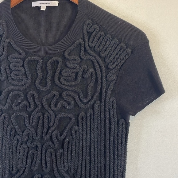 Mod Patterned Dress Carven Knee Small Black Rope Shift Mini Real Real Little LBD - Picture 6 of 16